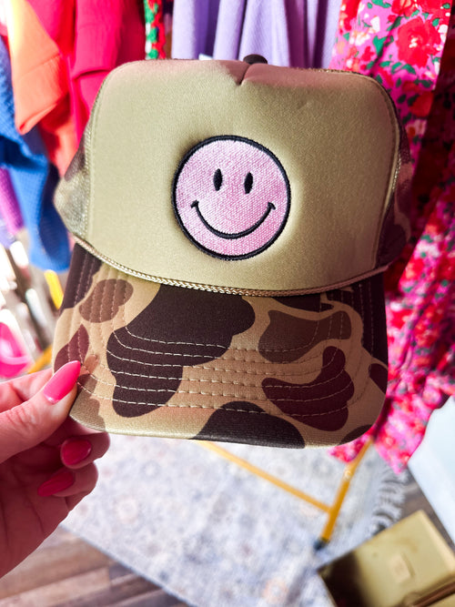 Embroidered Smiley Camo Trucker Hat